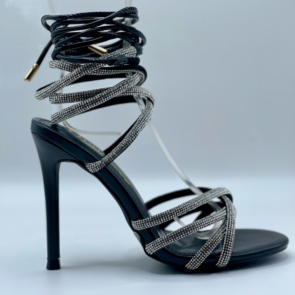 Elegant Strappy Rhinestone Wrap black stiletto heel Crystal Embellishment